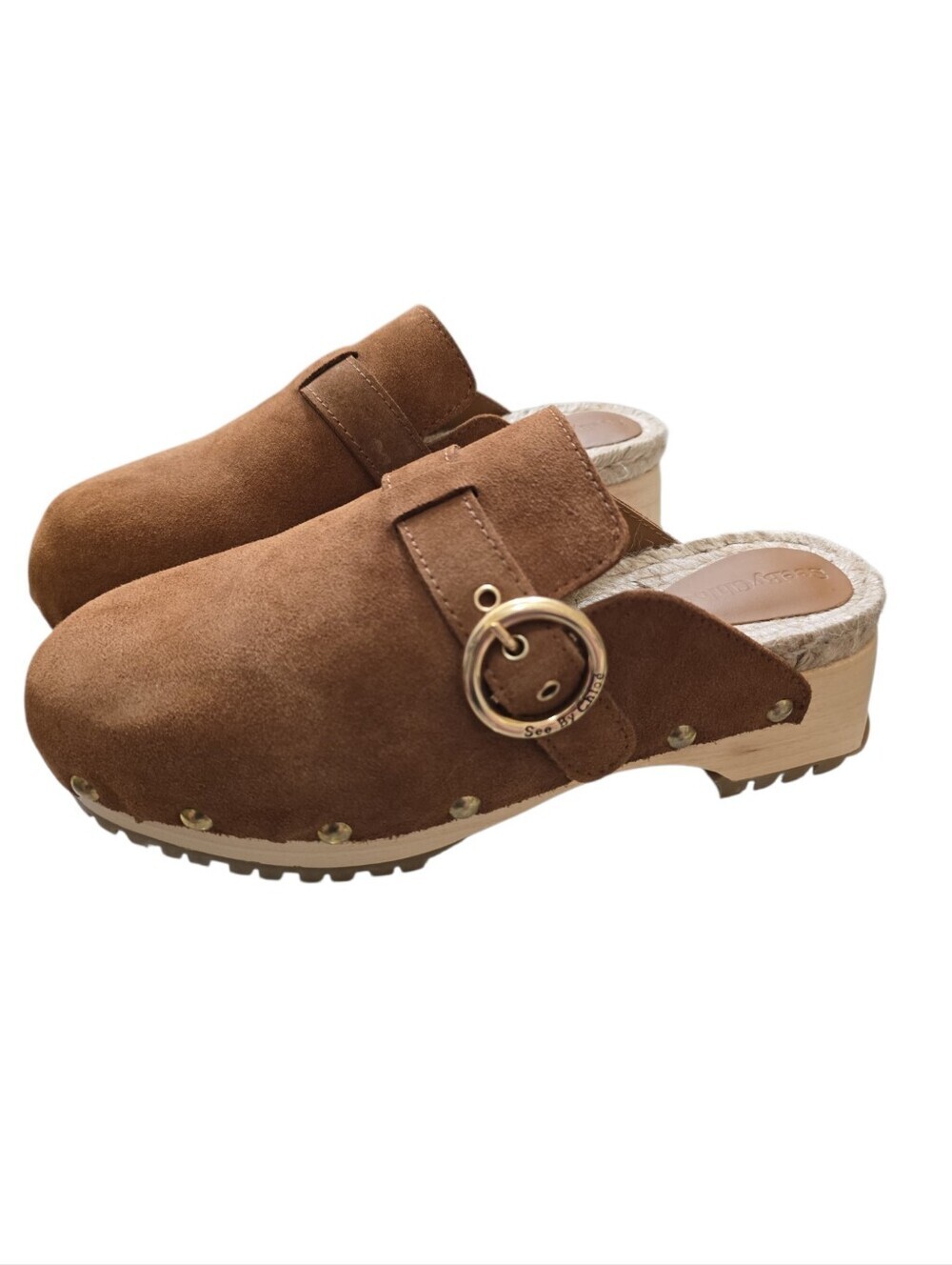 See by Chloé Viviane Tan Suede Gold Buckle Clog Wood Sole 38 Mules Studs